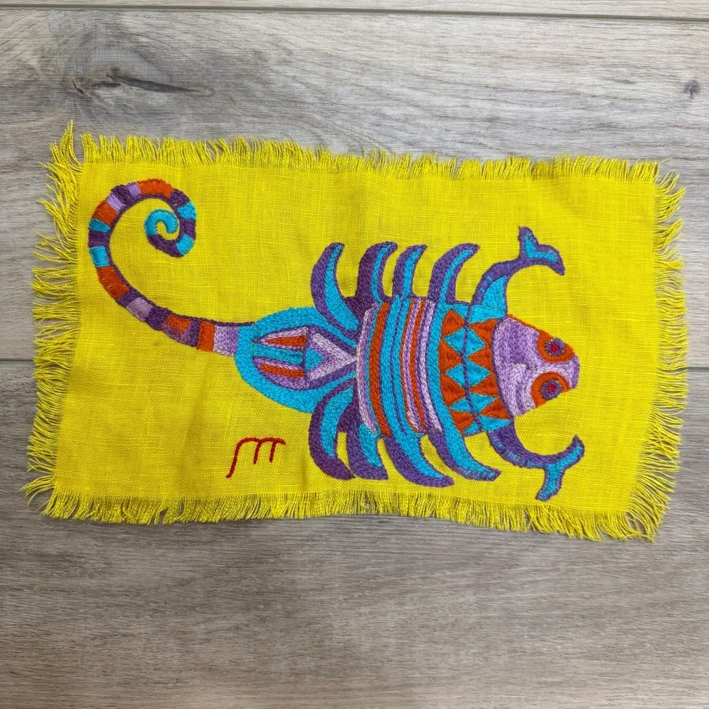 Vintage Embroidered Zodiac Scorpio Scorpion Linen Textile Yellow Boho Folk Art